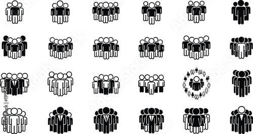 Teamwork community icons, diverse group collaboration, unity people silhouettes, corporate social network, collective identity, business cooperation illustration