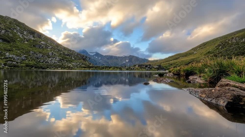 Stunning Lake Reflection - Mountains, Clouds, and Serene Landscape.