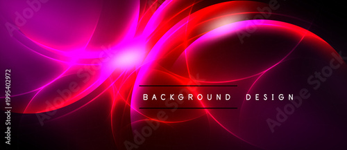 Abstract vibrant design features flowing curves, bright pinks, reds. Dark background emphasizes luminous energy, modern aesthetic.
