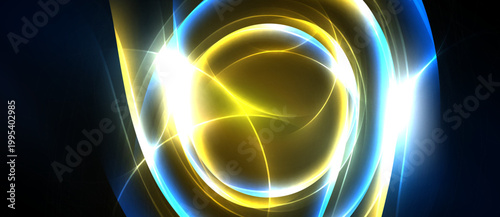 Bright abstract swirls, luminous yellow, blue hues. Energetic light patterns create dynamic visual effect. Modern design element.