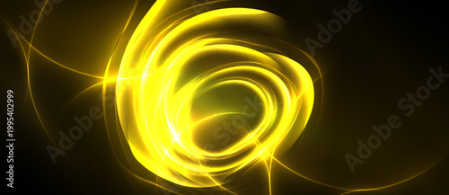 Bright yellow swirls dominate dark background. Dynamic energy radiates from central vortex. Abstract design evokes motion, light.