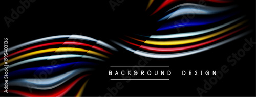 Abstract lines, vibrant colors, dynamic flow. Black background emphasizes bright shapes, modern design element.