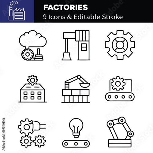 Factories web icons in line style. Production, technology, factory, industry power, manufacture. Vector illustration