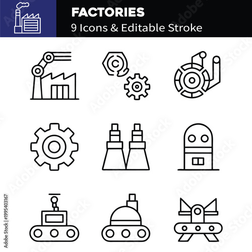 Factories web icons in line style. Production, technology, factory, industry power, manufacture. Vector illustration