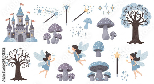 Fairy Tale Forest Vector Set with Enchanted Castles, Magic Elements and Glowing Fantasy Nature in Flat Isolated Style