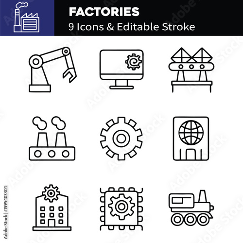 Factories web icons in line style. Production, technology, factory, industry power, manufacture. Vector illustration