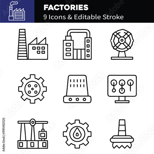 Factories web icons in line style. Production, technology, factory, industry power, manufacture. Vector illustration