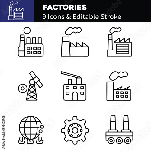 Factories web icons in line style. Production, technology, factory, industry power, manufacture. Vector illustration