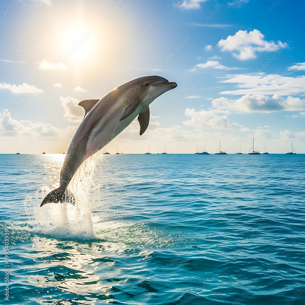 Fototapeta premium Two wild bottlenose dolphins jump together from the blue ocean water, creating a splash as these marine mammals enjoy swimming in their natural aquatic wildlife habitat
