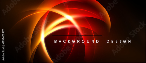 Dynamic abstract design. Bright orange, red curves radiate from center. Dark background enhances glowing effect. Modern visual element.