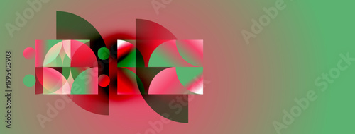 Abstract composition. Overlapping shapes, red, green hues create dynamic visual effect. Gradient background adds depth.
