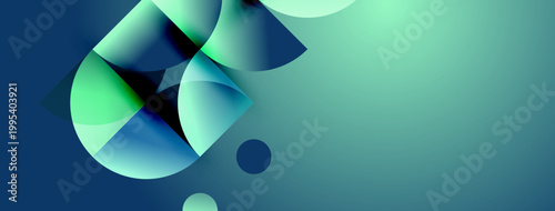 Abstract composition features overlapping translucent circles, gradients. Cool blues, greens dominate design, creating modern aesthetic.