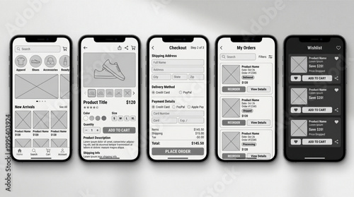 Smartphone mockup set for e-commerce mobile app UI UX design, online store wireframe layout, user interface for shopping, product details, checkout, orders, wishlist screens, app development kit.