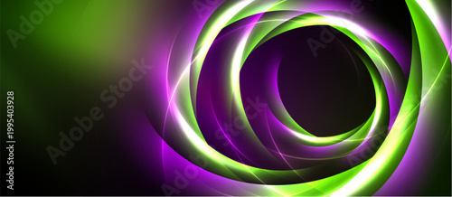 Abstract swirls, vibrant green, purple hues create dynamic energy. Dark background emphasizes glowing lines, circular motion.