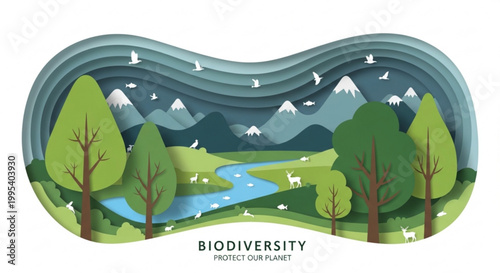 Layered paper craft landscape for biodiversity and planet protection