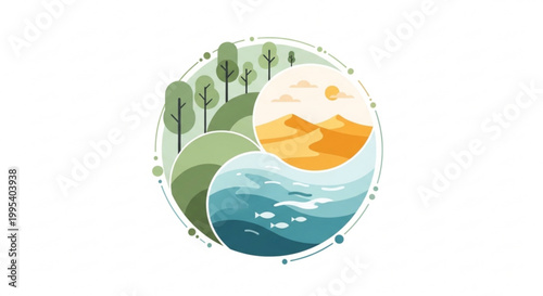 Circular nature landscape with desert and ocean ecosystem illustration