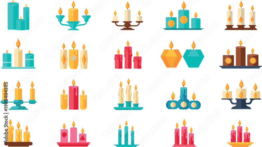 Fototapeta premium Candle collection set with burning flames, decorative wax lights, romantic and festive elements, flat style vector illustration isolated
