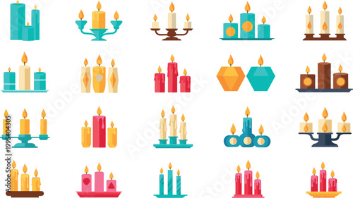 Candle collection set with burning flames, decorative wax lights, romantic and festive elements, flat style vector illustration isolated