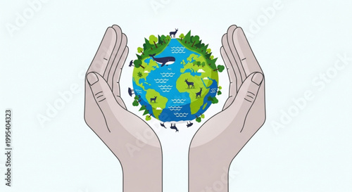 Human hands holding earth globe with diverse nature and wildlife