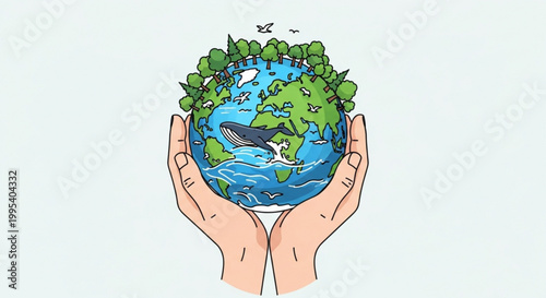 Hands holding earth globe with forest and whale illustration drawing