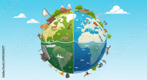Split earth globe illustration showing land and ocean environment