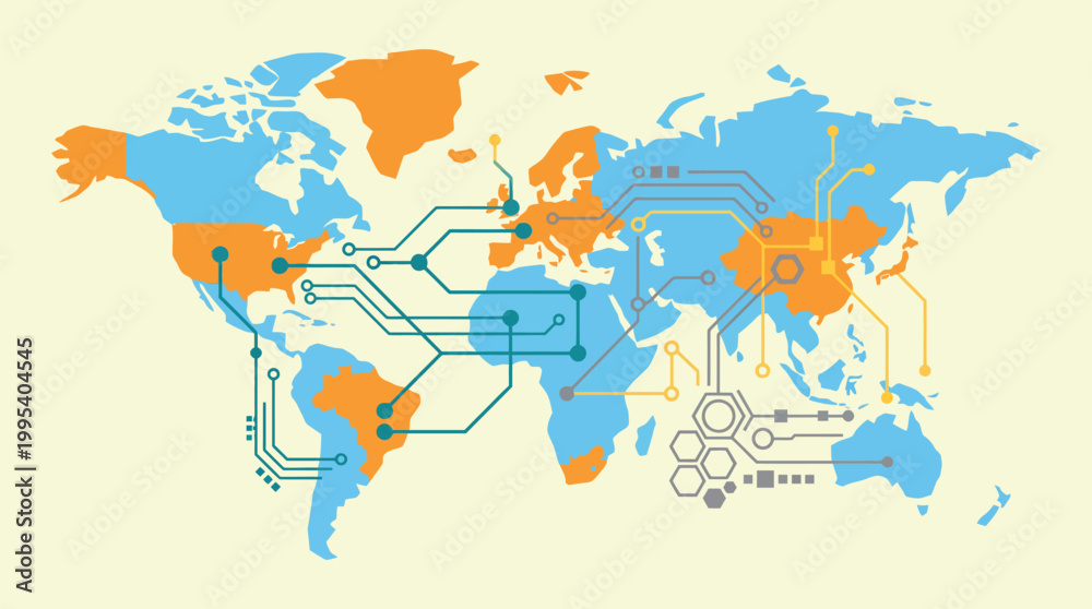 Naklejka premium AI Technology World Map Vector with Digital Network Connections