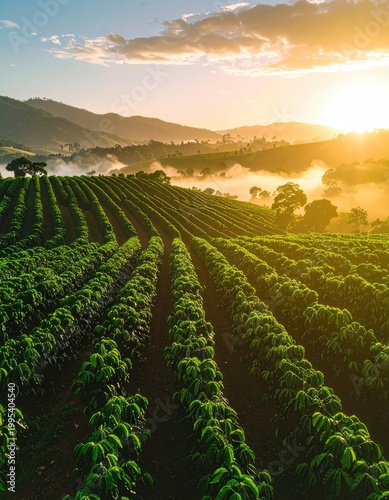 A breathtaking view of terraced coffee plantations bathed in the golden light of sunrise.