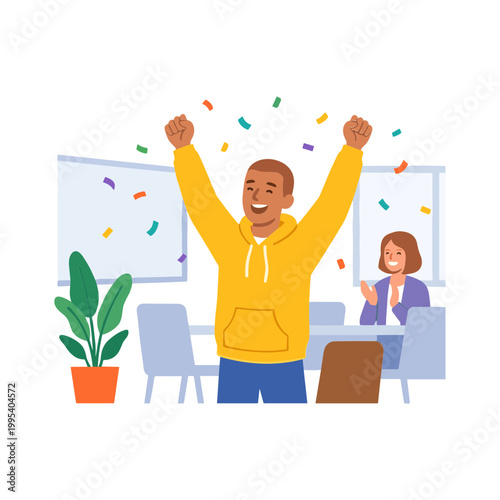 Man celebrating with arms raised in office with confetti