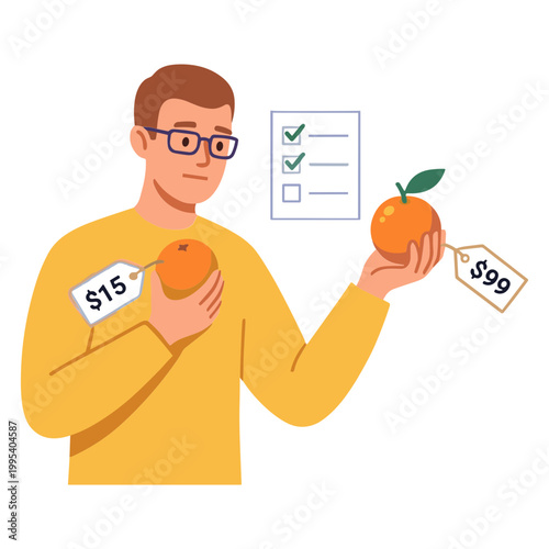 Man compares prices of oranges in a grocery store checklist