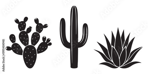 Prickly Pear Cactus and Agave Plant Silhouettes