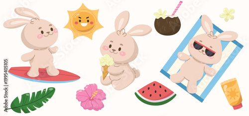 Cute hare characters on summer vacation. Beach holiday with rabbits. Summer relaxation in the tropics for bunnies