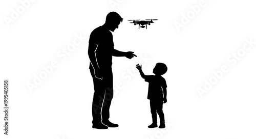 Father and child interacting with drone technology silhouette