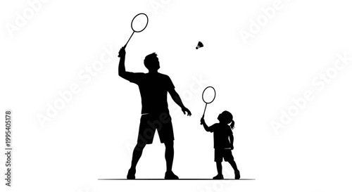 Father and child playing badminton silhouettes against white background