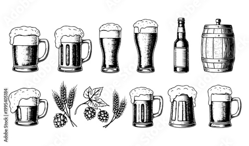 Vintage beer illustration set with mugs bottles barrels and hops detailed engraved vector isolated on white background