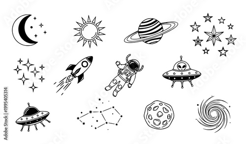 Space elements silhouette vector set with planets rocket astronaut and stars isolated on white background