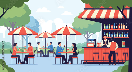 People socializing and enjoying drinks at a charming outdoor park cafe with a bar and garden atmosphere in the city.
