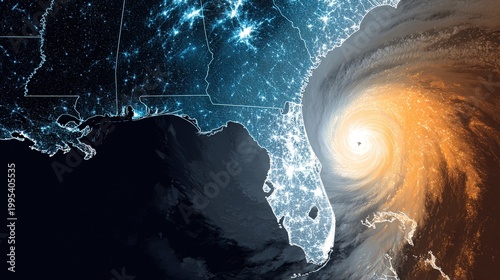 Dramatic Satellite View of Powerful Hurricane Approaching Florida Coast with Glowing City Lights Map