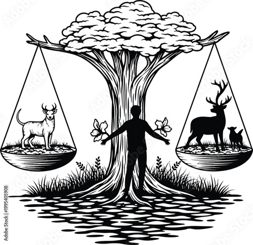 A symbolic illustration of balance and harmony in nature with a person standing under a tree