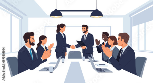Business professionals celebrating a successful deal or partnership agreement with a handshake and applause in the office.
