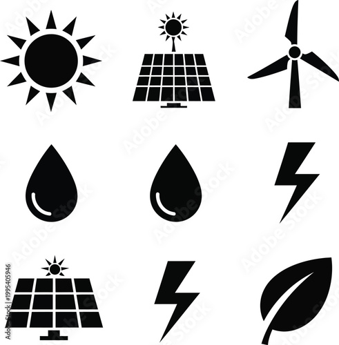 A collection of black icons representing renewable energy sources and nature