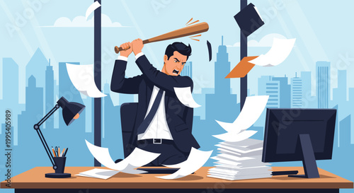 Frustrated businessman expressing anger by smashing office equipment with a baseball bat during a stressful work crisis.