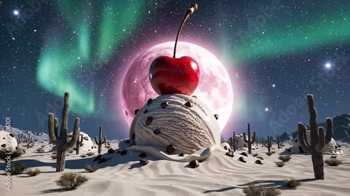 A surreal dessert landscape featuring a giant ice cream topped with a cherry under the aurora borealis