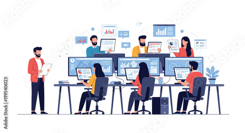 Professional team of data analysts working in a modern office environment while monitoring various financial charts and graphs.