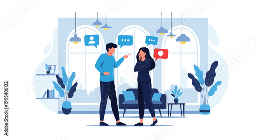 Angry man pointing his finger at a sad woman during a heated argument in a modern living room setting with notification bubbles.