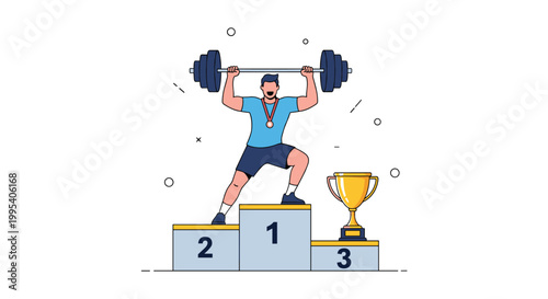 Successful weightlifter standing on the first place winner podium holding a heavy barbell high above his head with a trophy.