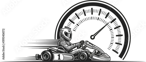 Gokart racing driver speeding on track with large speedometer behind