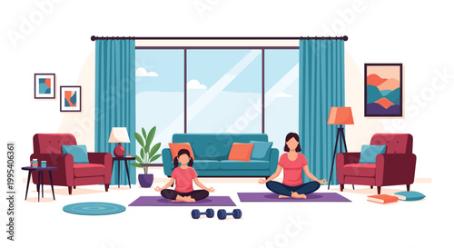 Mother and young daughter practicing yoga in a lotus position on mats in a bright and cozy living room with house plants.