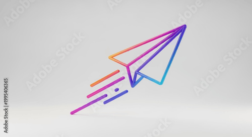 Vibrant gradient paper plane soaring through a minimalist white space conveying speed and