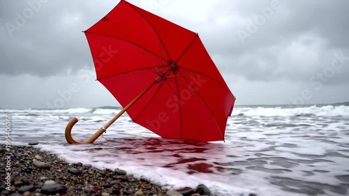 A vibrant red umbrella stands alone on a rocky beach, with waves crashing in the gray background