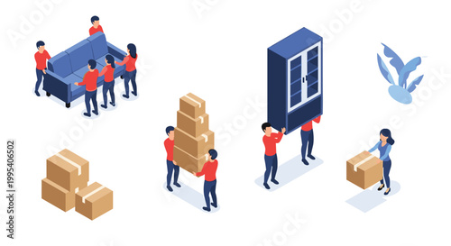 Isometric view of professional movers in red shirts carrying various furniture and cardboard boxes during a house relocation.